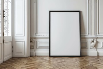 interior house with a large blank poster frame and a black border leaning against a white wall, light and classic design