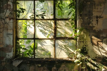 A serene image capturing the warm sunlight as it filters through vibrant green leaves in a rustic window frame, invoking a sense of growth and renewal