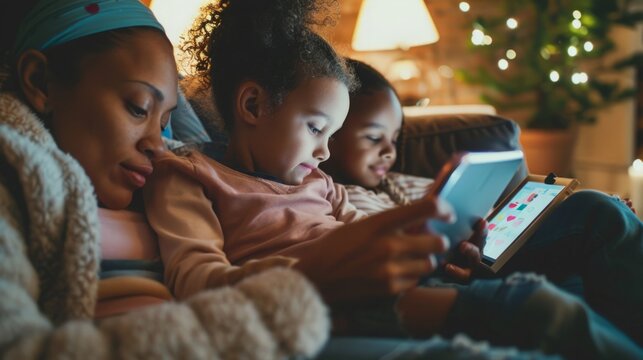 Woman and Two Children Sitting on a Couch Looking at a Tablet - Powered by Adobe