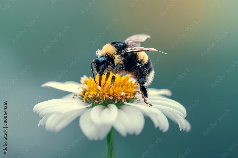 Poster a bumblebee gathers pollen on a daisy, enveloped in soft light that accentuates the harmony and frag
