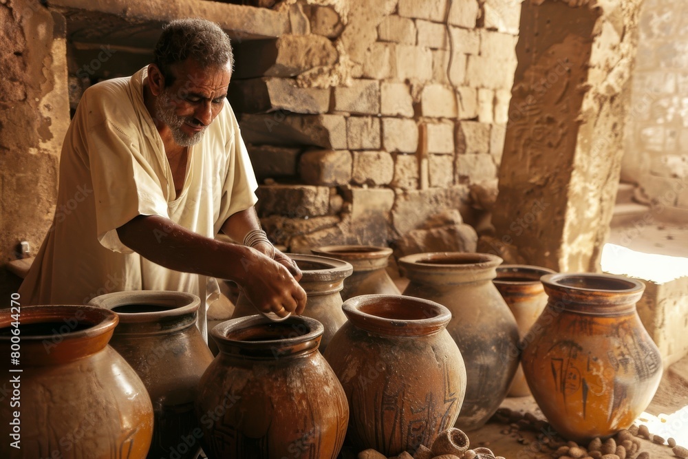 Aufkleber A skilled artisan carefully shapes clay while surrounded by an array of traditional handmade pots within an old, sunlit workshop