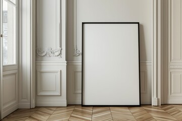 interior house with a large blank poster frame and a black border leaning against a white wall, light and classic design