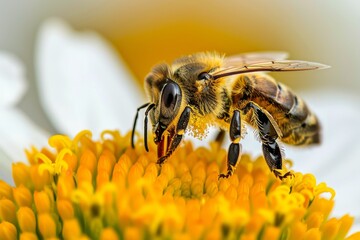 Fototapeta premium A diligent honeybee is steeped in a vibrant yellow flower while collecting nectar, showcasing the beauty of pollination