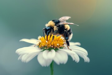 A bumblebee gathers pollen on a daisy, enveloped in soft light that accentuates the harmony and fragility of nature