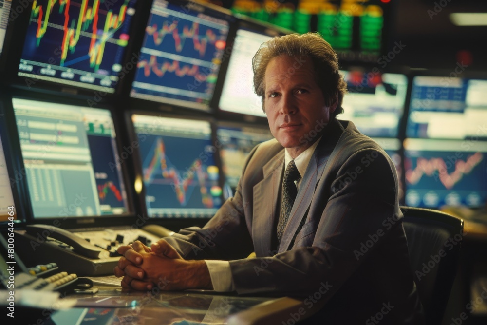 Fototapete a stockbroker immersed in analysis with multiple monitors displaying market trends and data
