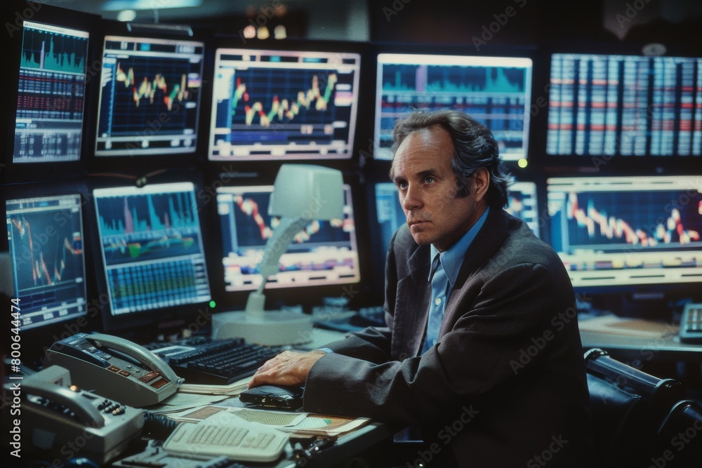 Fototapete Stock trader working at a high-tech workstation surrounded by graphs and market analyses