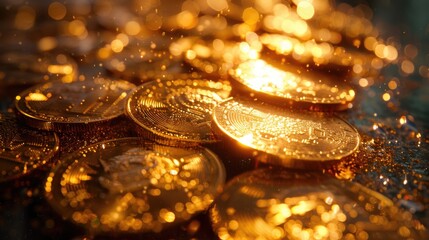 photograph showing a stack of gleaming gold coins neatly arranged on top of a wooden table. - Powered by Adobe