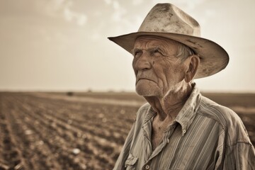 An old farmer stands in a field, his face is hidden, giving a sense of mystery and time gone by