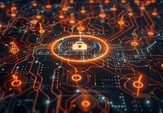 A futuristic digital background featuring a lock in an  abstract circuit