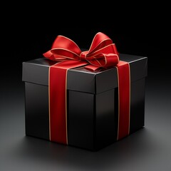 Elegant Black Gift Box with a Glossy Red Ribbon and Bow on a Dark Background