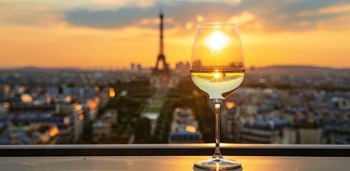 a glass of white wine sits on a table against the eiffel tower in paris