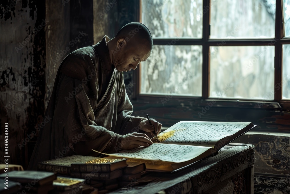 Poster captured in a dimly lit room, a solitary monk engrossed in reading and studying ancient texts, conve