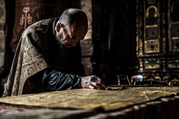Fototapeta premium In a serene and solemn environment, a priest adorned in traditional attire is seen deeply immersed in prayer with religious scriptures