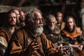 An elderly man with a white beard captivates his audience in a historic or medieval setting