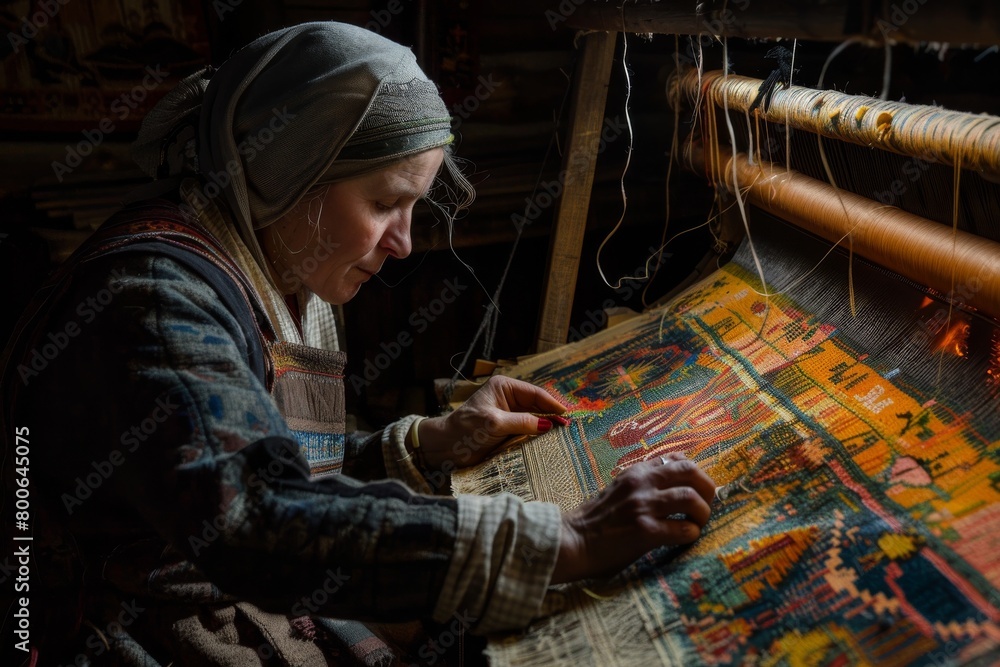 Poster a skilled artisan weaves colorful patterns on a traditional loom, preserving the craft of textiles i