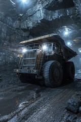 A large dump truck driving through a mine. Suitable for industrial concepts