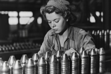 A woman examines artillery shells carefully on a factory production line in a retro setting