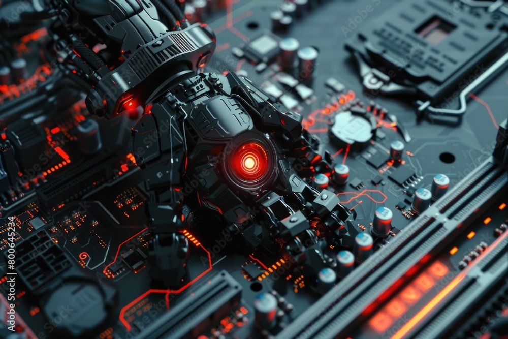 Aufkleber detailed image of a computer motherboard with glowing red lights, ideal for technology concepts