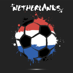 Abstract soccer ball with Netherlands national flag colors. Flag of Netherlands in the form of a soccer ball made on an isolated background. Football championship banner. Vector illustration