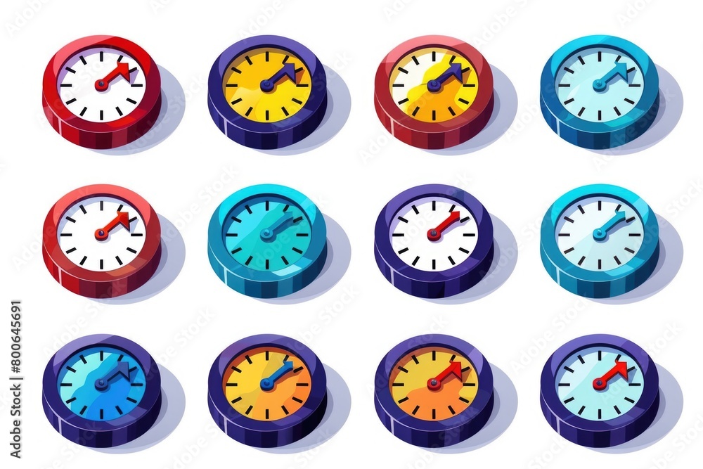 Poster various colored clocks on a white background. ideal for time management concepts