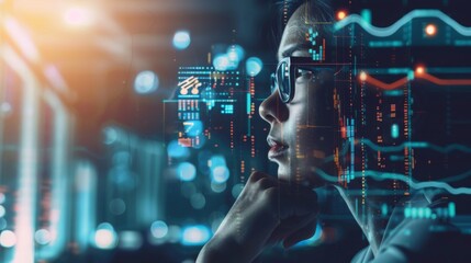 Pensive Woman With Data Visualization at Night