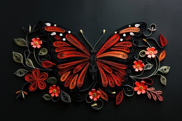 Vibrant red and black paper butterfly among colorful flowers, ideal for spring-themed designs