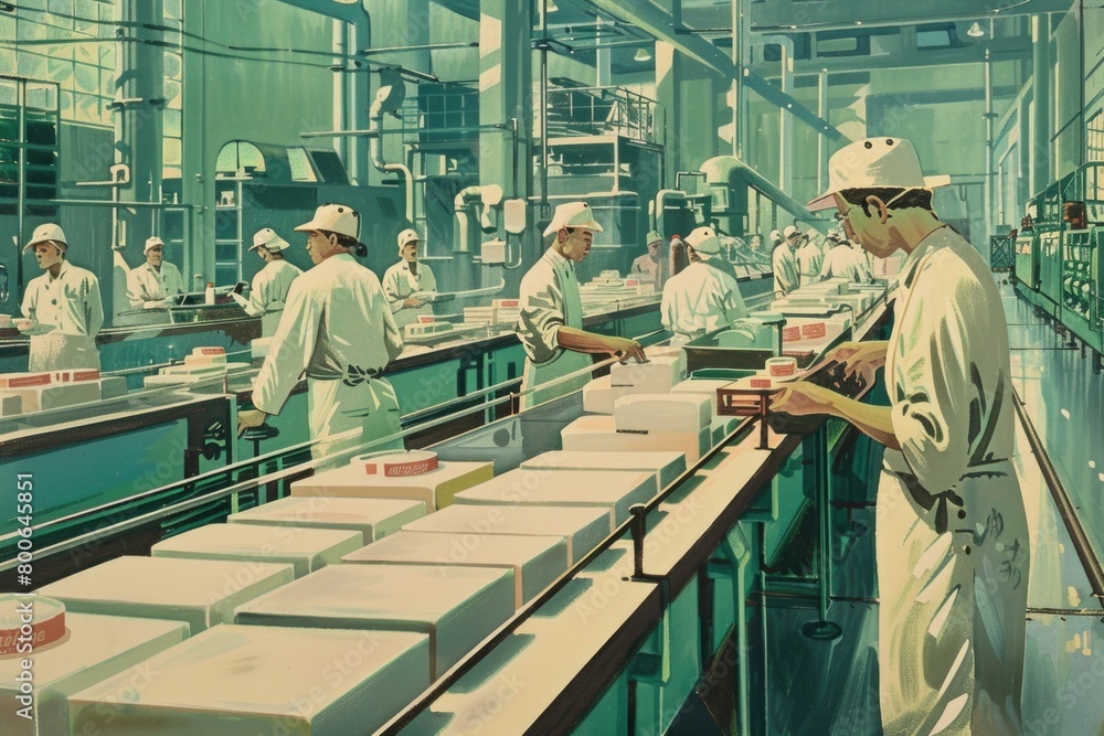 Poster a group of people working together in a factory. suitable for business and industry concepts