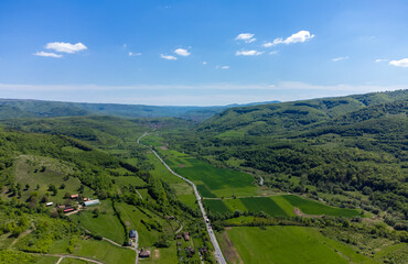 Aerial view of the Tarnava valley. The road between Sovata resort and Praid -  Romania