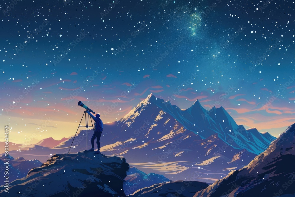 Poster a man standing on top of a mountain holding a telescope. suitable for travel and exploration concept