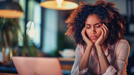 Stressed Black Woman Working Late at Office Desk