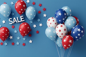 Patriotic Balloons and Stars Celebrating 4th of July and Memorial Day. Sale text.