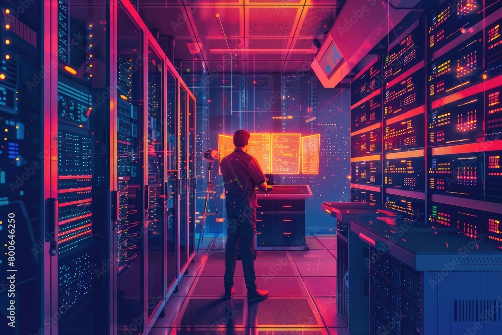 Poster a man standing in a server room monitoring equipment. suitable for technology and cybersecurity conc