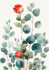 illustrated watercolor rose buds and eucalyptus on a white background
