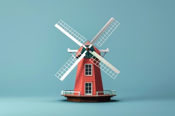 Obraz premium A picturesque red and white windmill on a serene blue surface. Suitable for travel and landscape designs