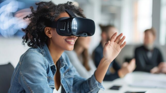 Young Woman Experiencing Virtual Reality in an Office Setting