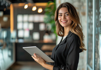 Beautiful smiling business woman holding a tablet and standing in a modern office with a laptop on a table, a portrait of an attractive female manager working at her workplace in a company.