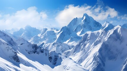 Panoramic view of snowy mountains and blue sky. Caucasus Mountains, Georgia.