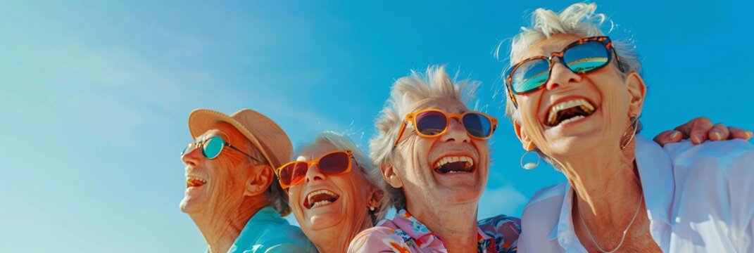 A group of happy senior people with sunglasses laughing and having fun at the beach on a sunny day
