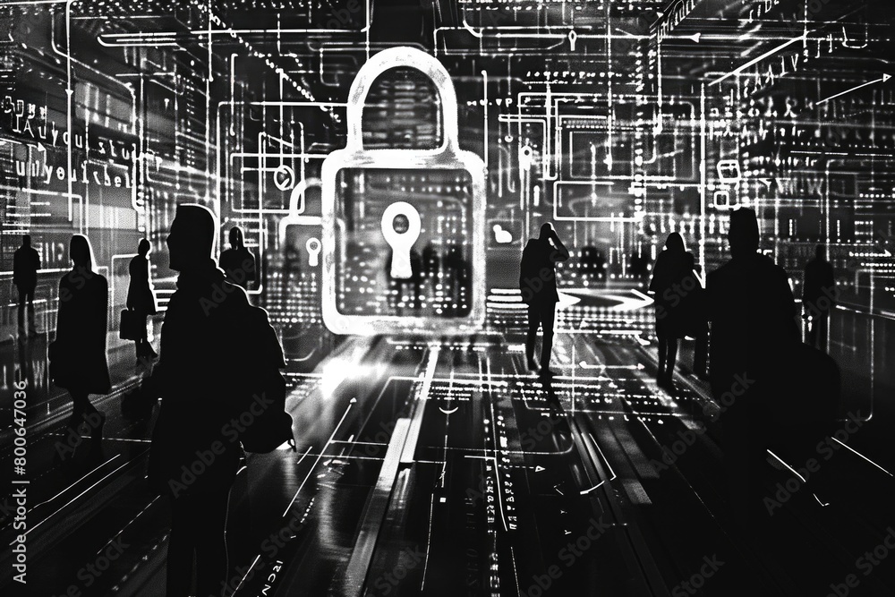Poster A group of people standing in front of a large padlock, suitable for security concepts