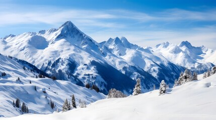 Fototapeta na wymiar Winter mountains panorama with snow-capped peaks and blue sky