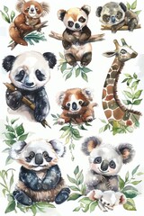 Group of watercolor animals sitting on top of a tree. Suitable for nature-themed designs