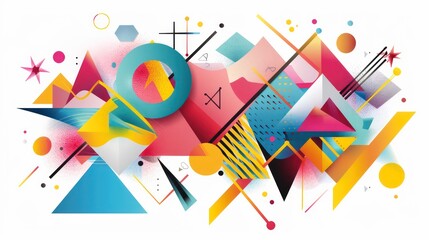 colorful 3d polygon geometric shapes, lines, dots on white background