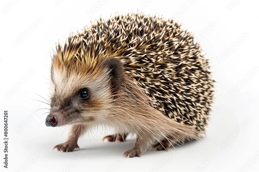 Poster cute hedgehog standing on a plain white background, suitable for various design projects