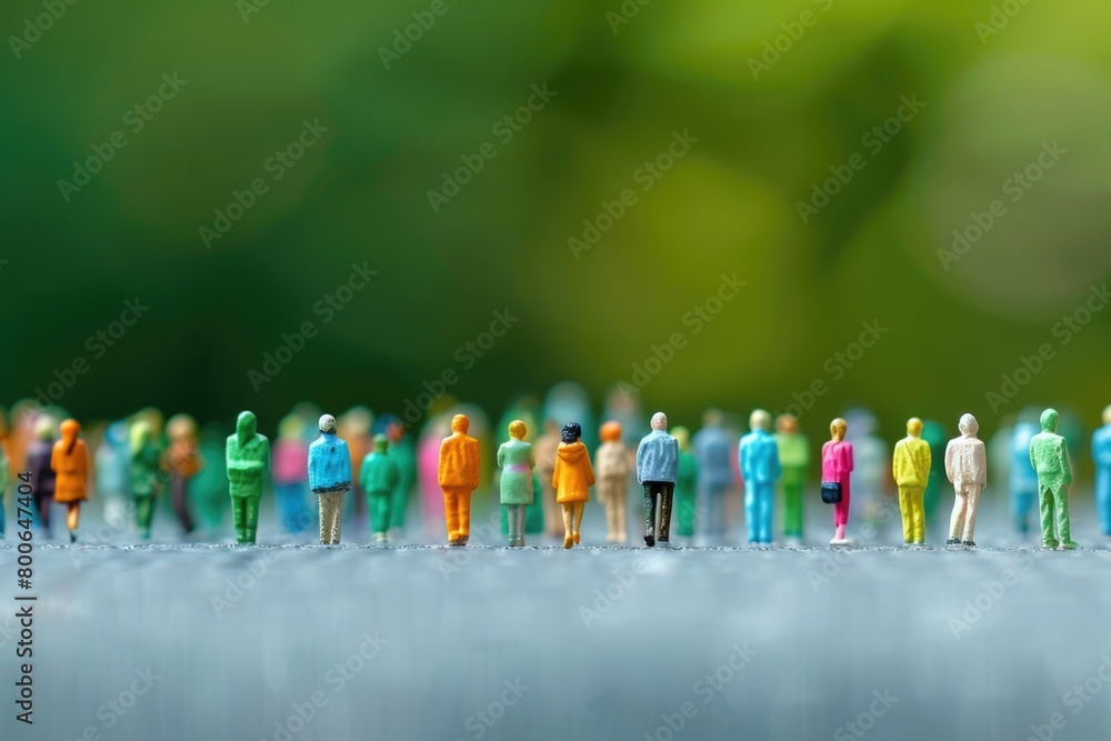 Poster miniature people figurines standing on a table, suitable for various concepts and designs