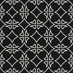 Vector geometric seamless pattern in arabic style. Monochrome elegant ornament. Abstract outline background with floral shapes, stars. Repeat black and white design for fabric, textile, carpet, decor