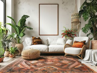 vertical picture frame hanging on the wall of a bohemian style living room interior
