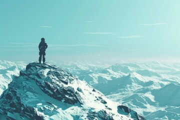 A man standing on the peak of a snow covered mountain. Perfect for outdoor and adventure themes