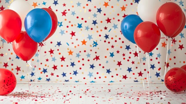 Blank mockup of a Fourth of July event photo booth backdrop with fun props and a patriotic backdrop. .