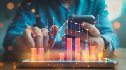Businessman using smartphone to view innovation reports, digital graphs, analyze market changes and investments during holidays.