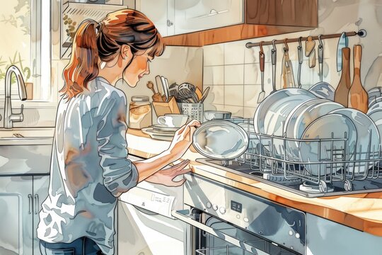 A woman busy washing dishes in a modern kitchen. Suitable for household and domestic chores concepts